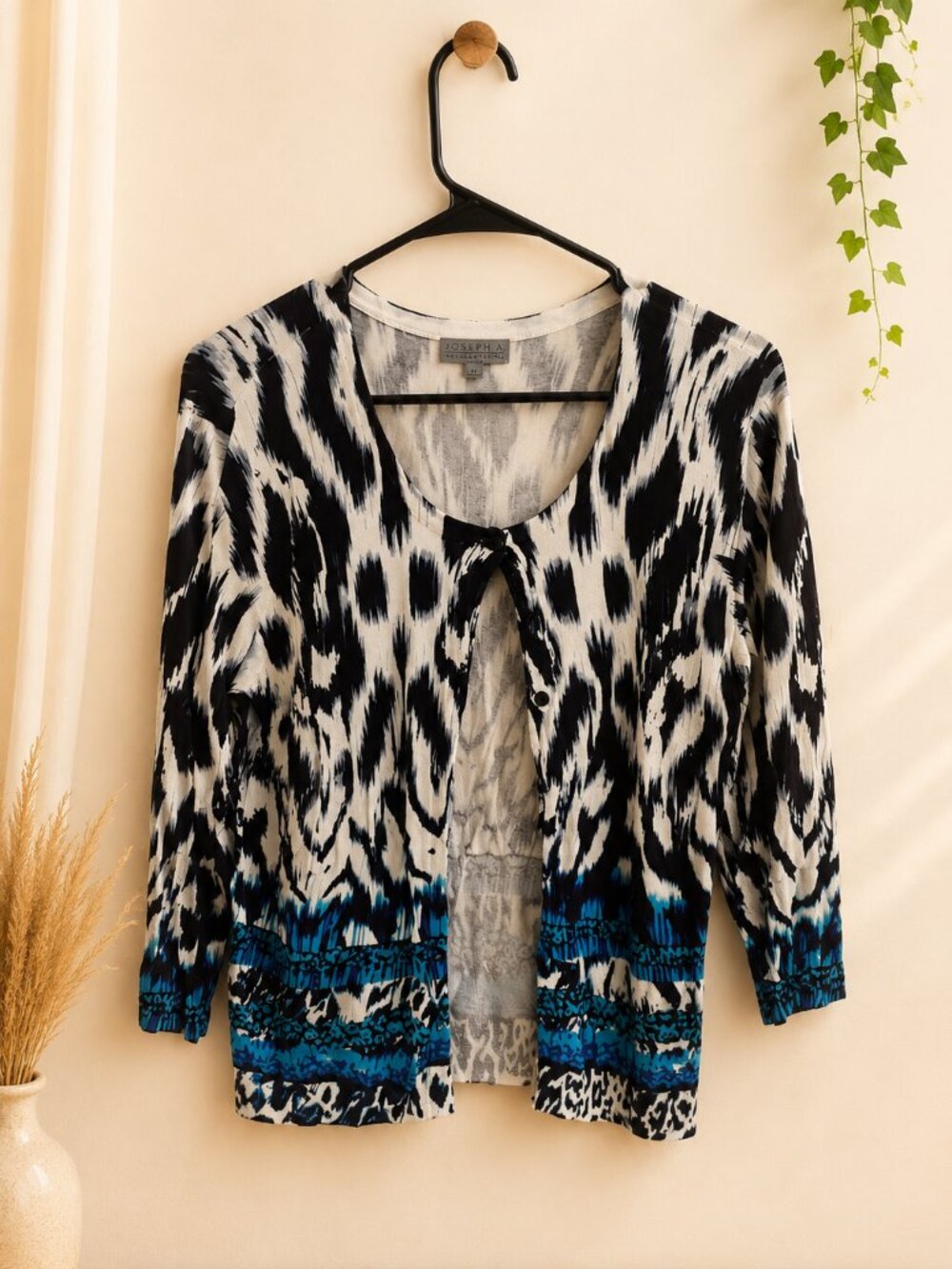 Joseph A Black White Abstract Animal Print Open Front Cardigan Blue Ombre Size M